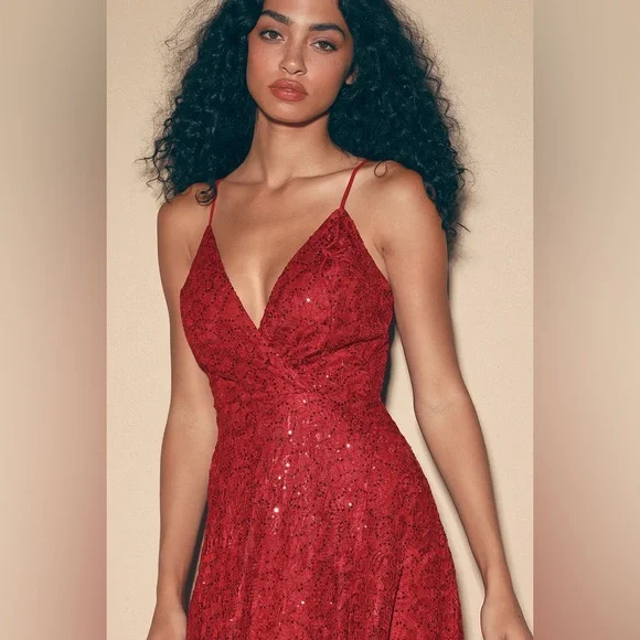 Lulus Endless Enchantment Red Sequin Lace Maxi Dress - Picture 2 of 12